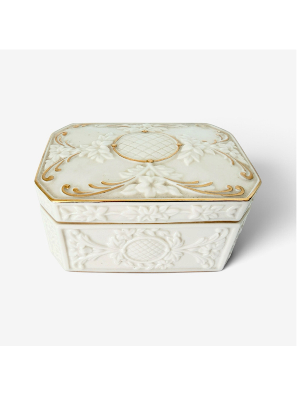 Vintage Lenox 24K Gold Porcelain Trinket Box Floral Relief Velvet Lined Jewelry